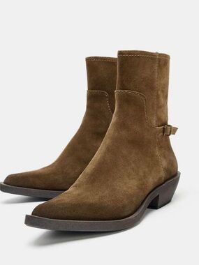 Zara Brown Suede Ankle Boot with Buckle Strap